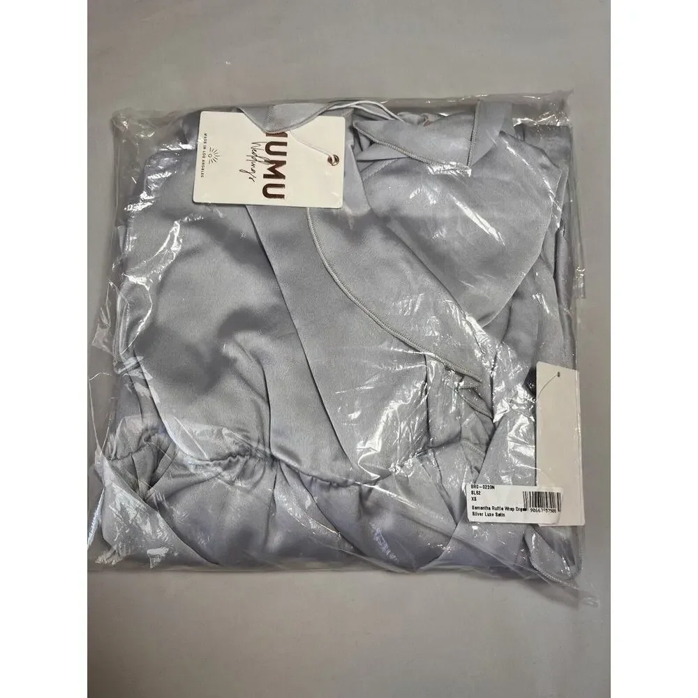 SHOW ME YOUR MUMU Samantha Flounce Ruffle Wrap Dress in Silver Luxe Satin Sz XS